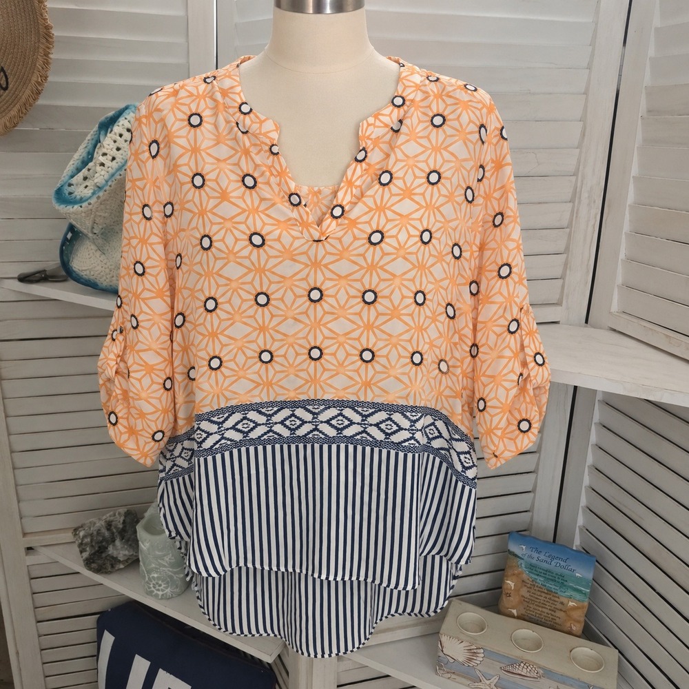 Cato Women Large Orange Navy Blue Geometric Striped Roll Tab Sleeve Blouse